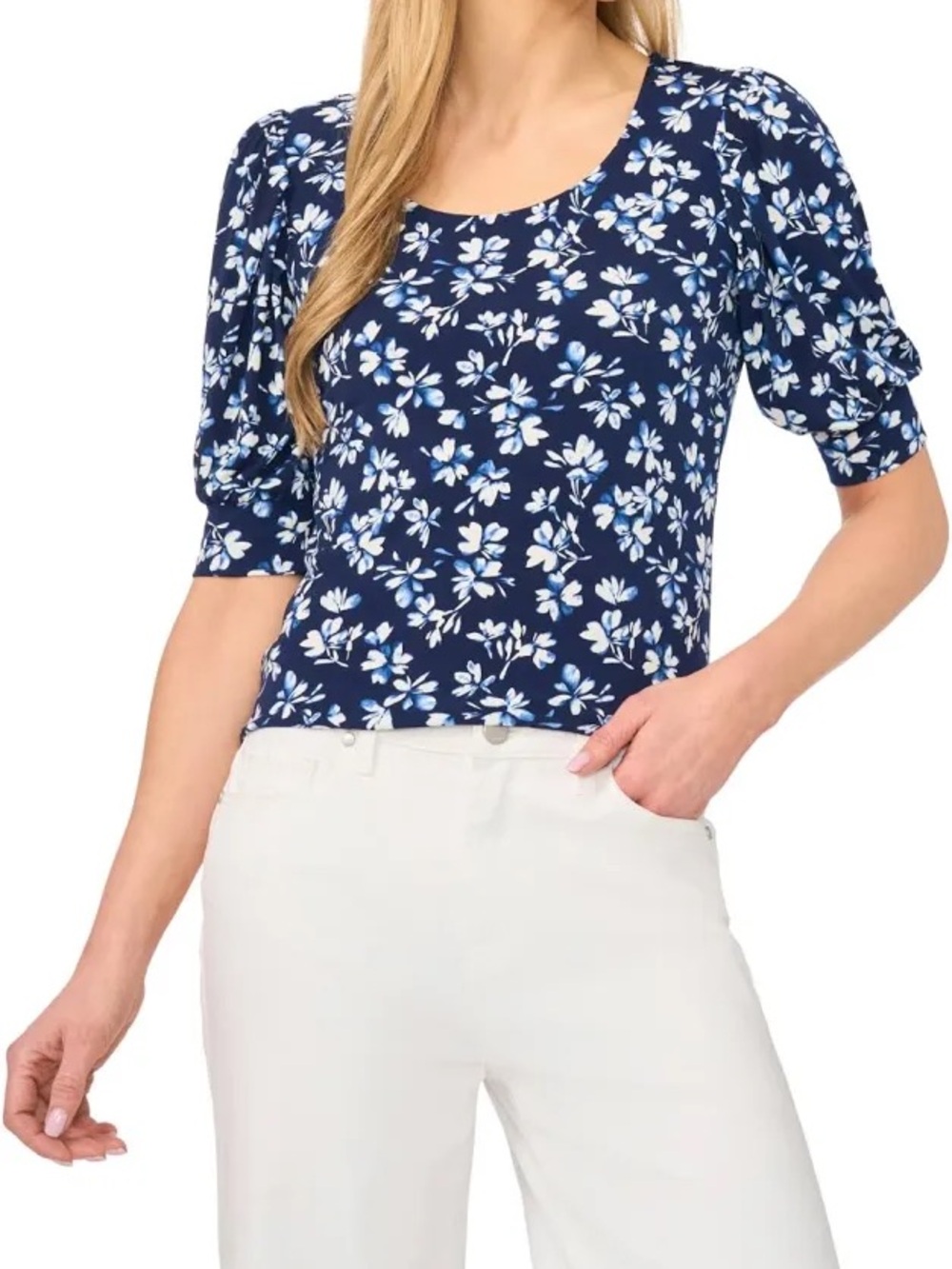 CeCe Women's Crewneck Shirred Short-Sleeve Top NWT Size M